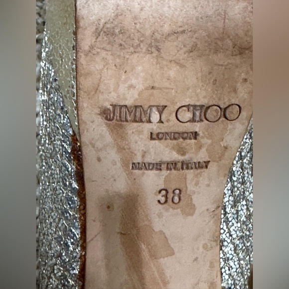 Jimmy Choo Glitter Platform Heels Size 38 EU /8 US Gold Silver Sparkle Stilettos - Picture 14 of 16